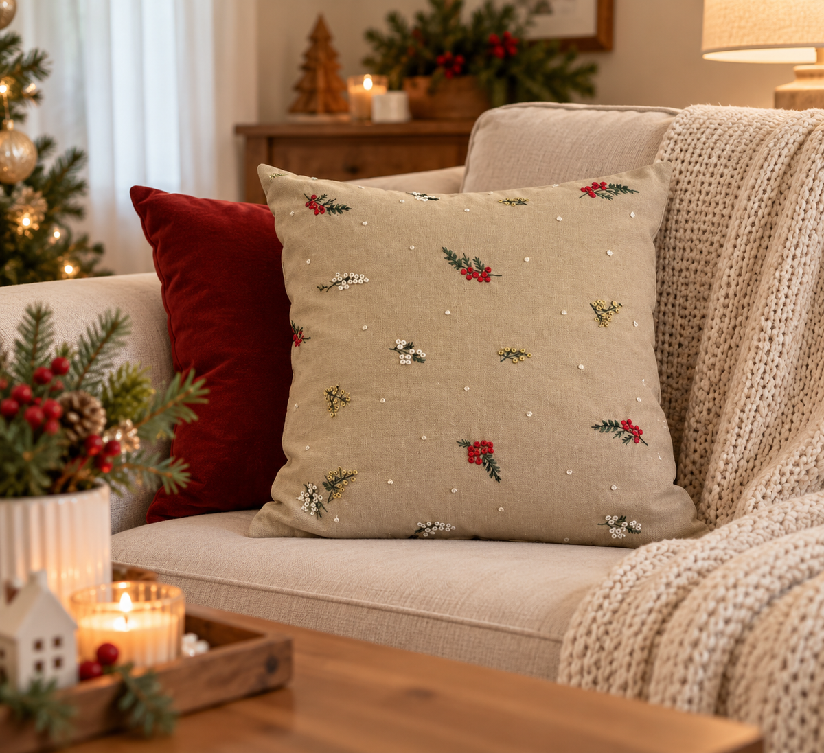 Winter Berry - embroidered cushion cover 16x16 inches