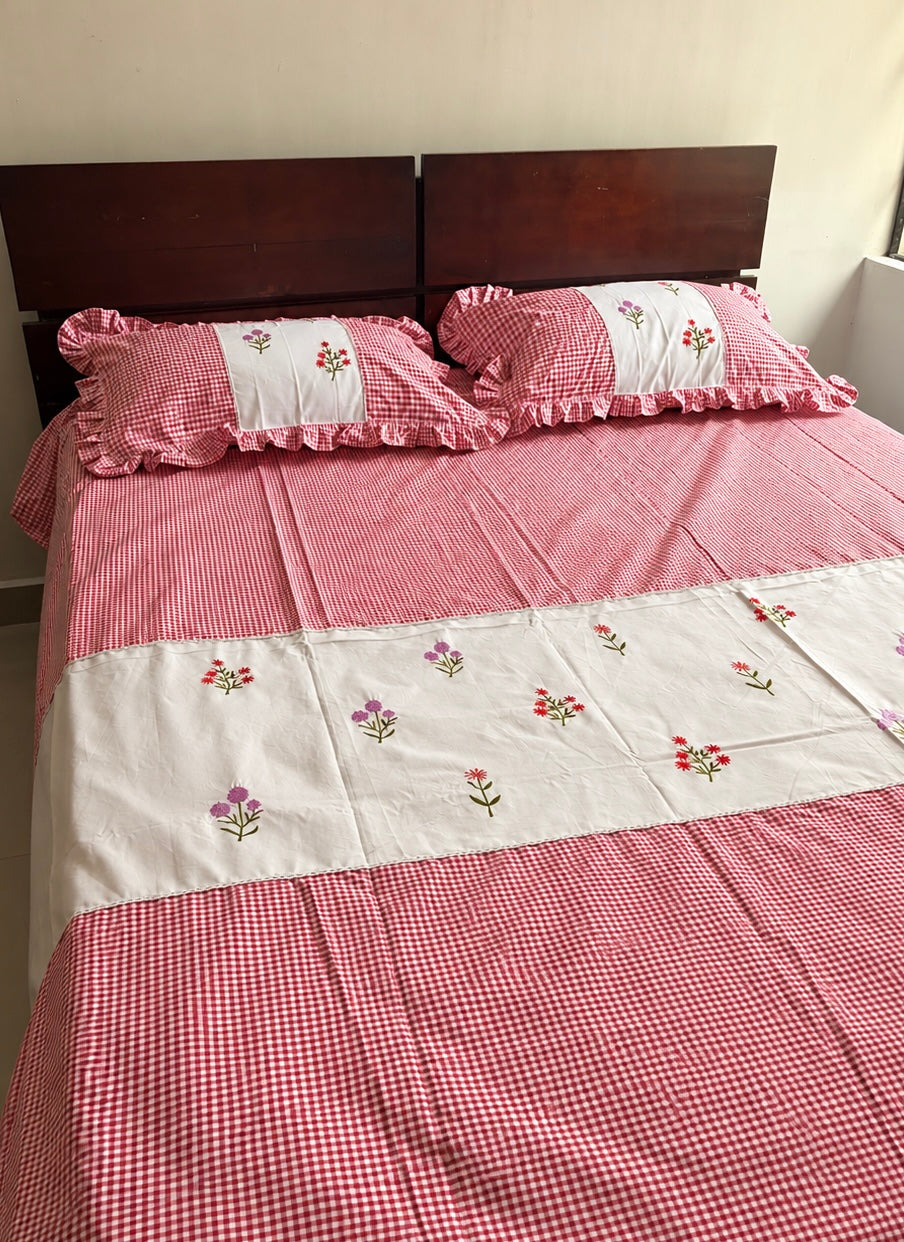 Gingham Grace- Embroidered king size bedsheet