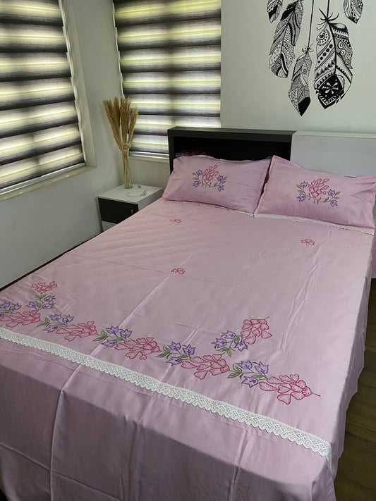 Embroidered bedsheet with lace detailing -King