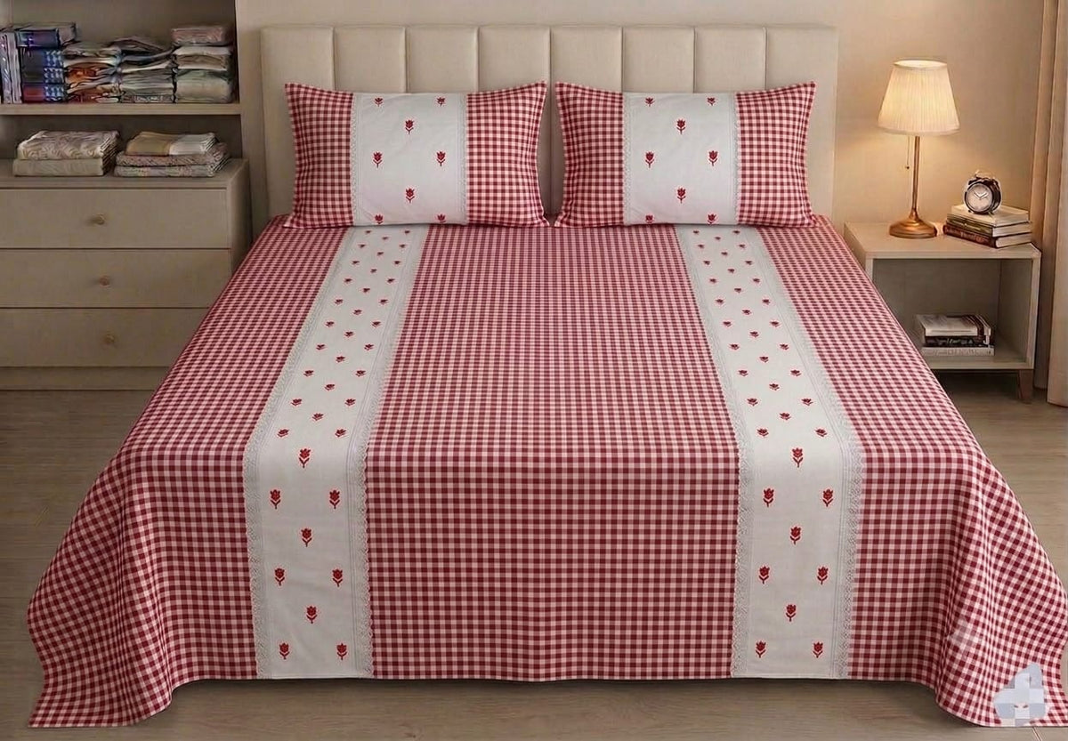 Gingham Grace- Embroidered king size bedsheet