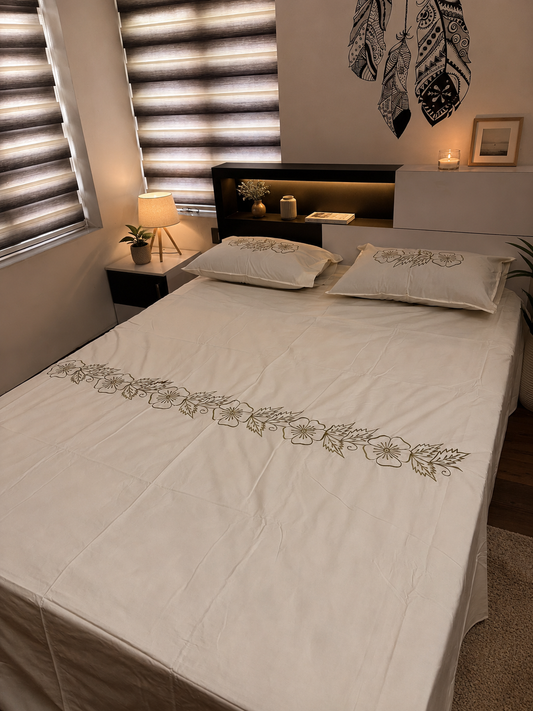 Ivory Vine - cotton embroidered bedsheet - King