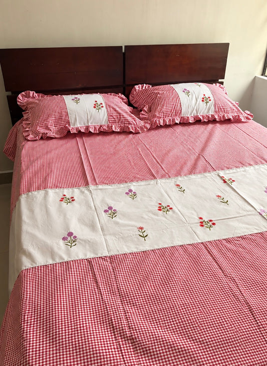 Gingham Grace- Embroidered king size bedsheet