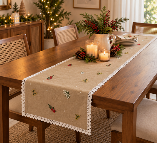 Winter berry - Embroidered table runner