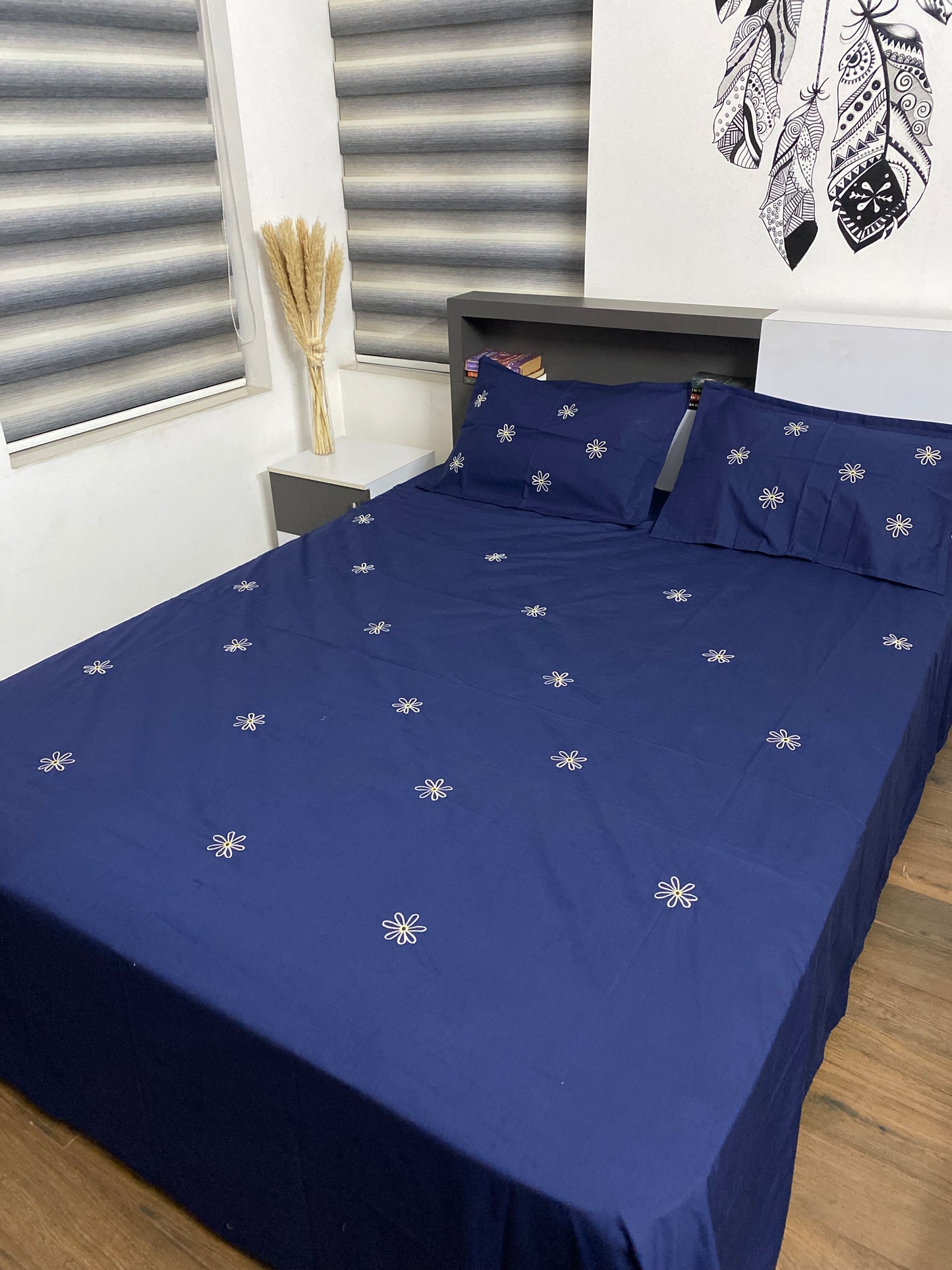 Flower embroidered bedsheet -King