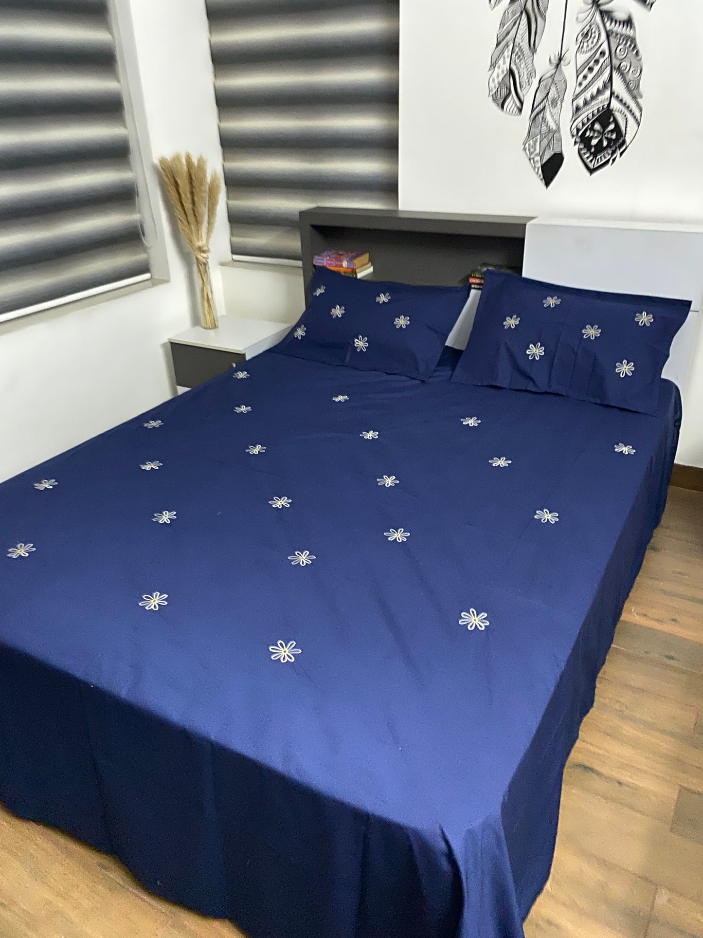 Flower embroidered bedsheet -King