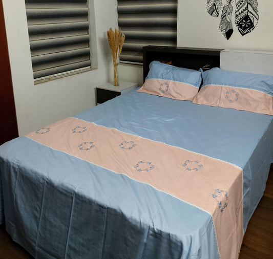 Spring wreath- 400 TC Soft satin cotton Embroidered Appliqué work bedsheet- King