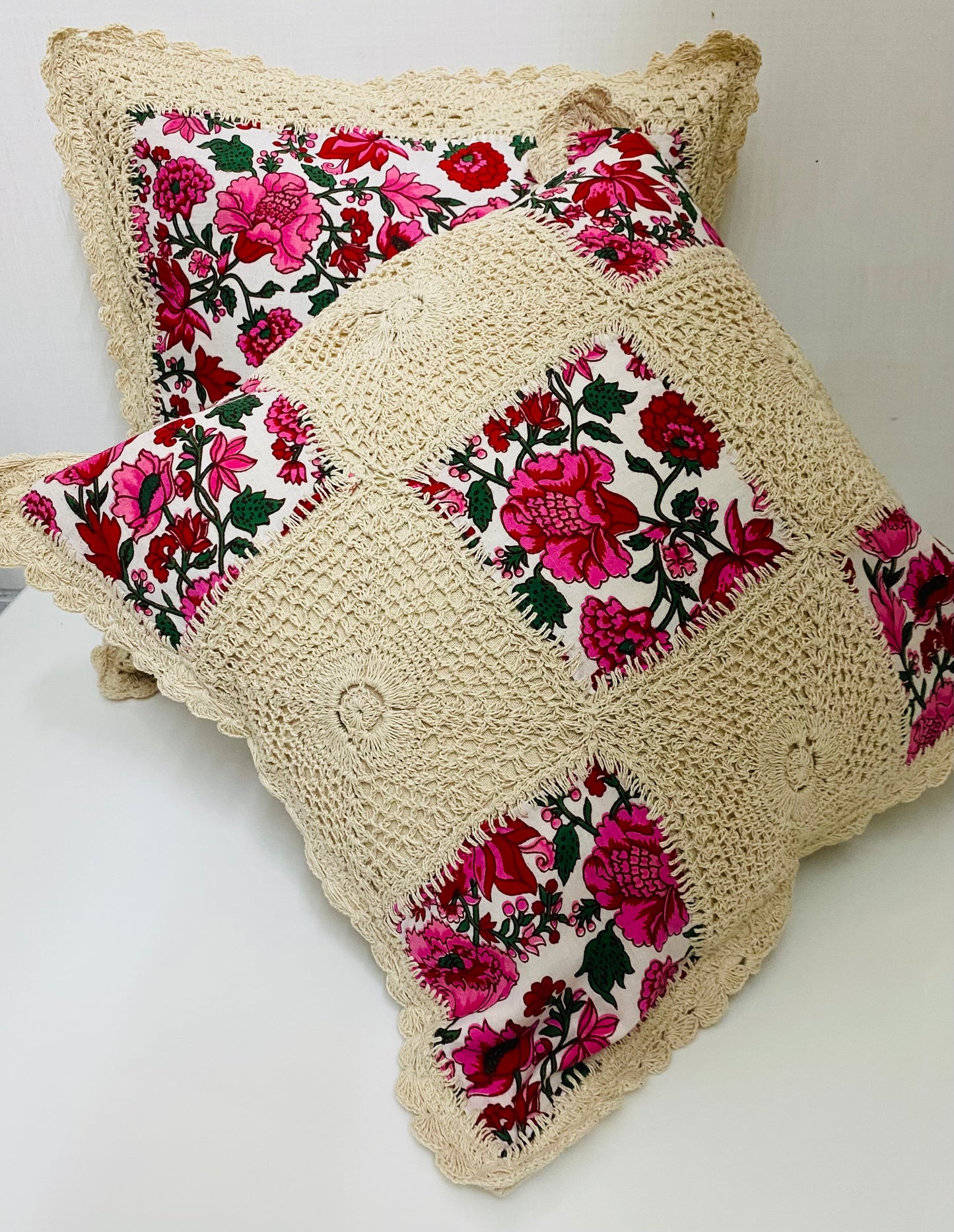 Floral patch crochet cushion cover -16x16