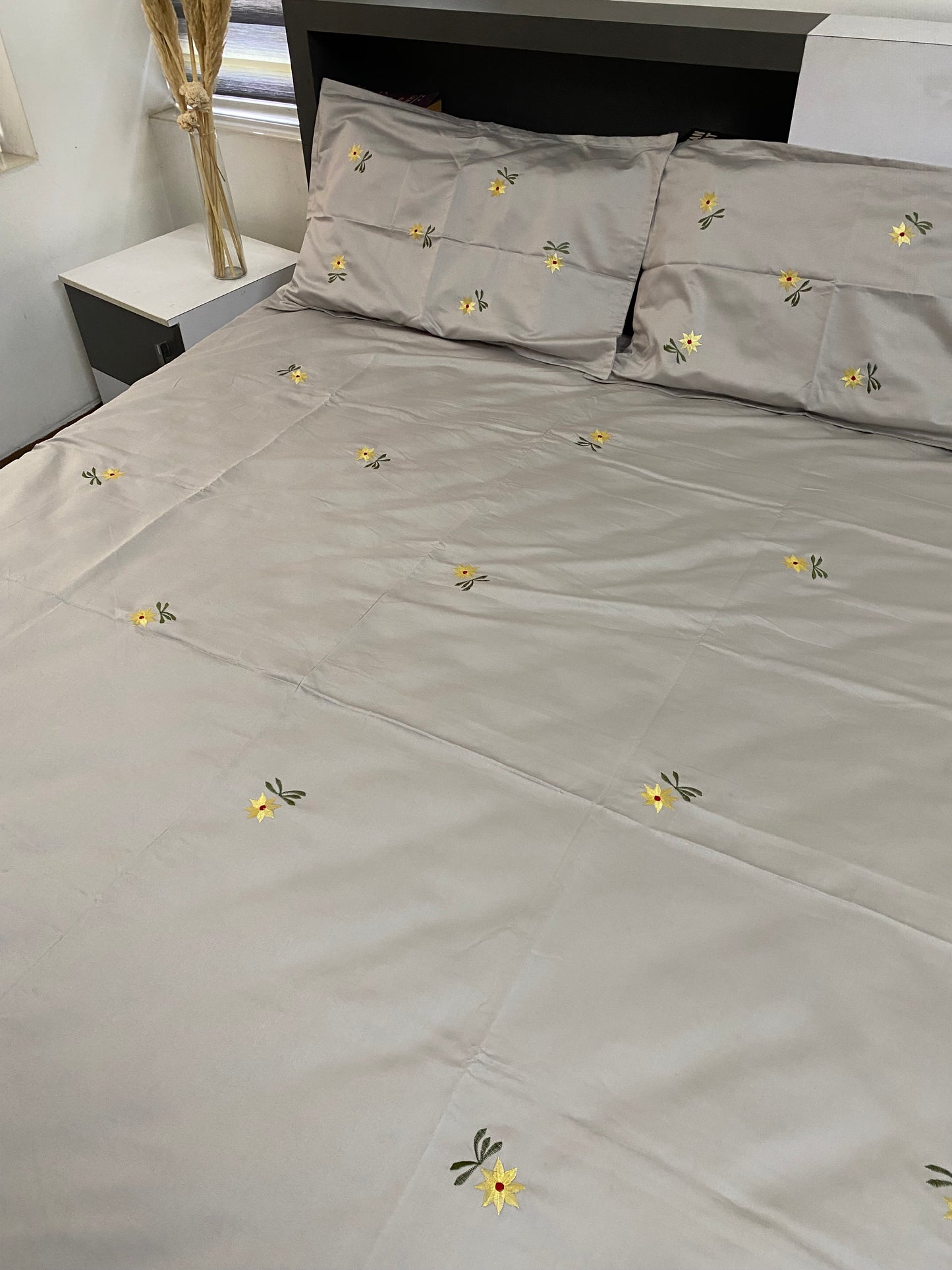 Yellow flower embroidered bedsheet -King