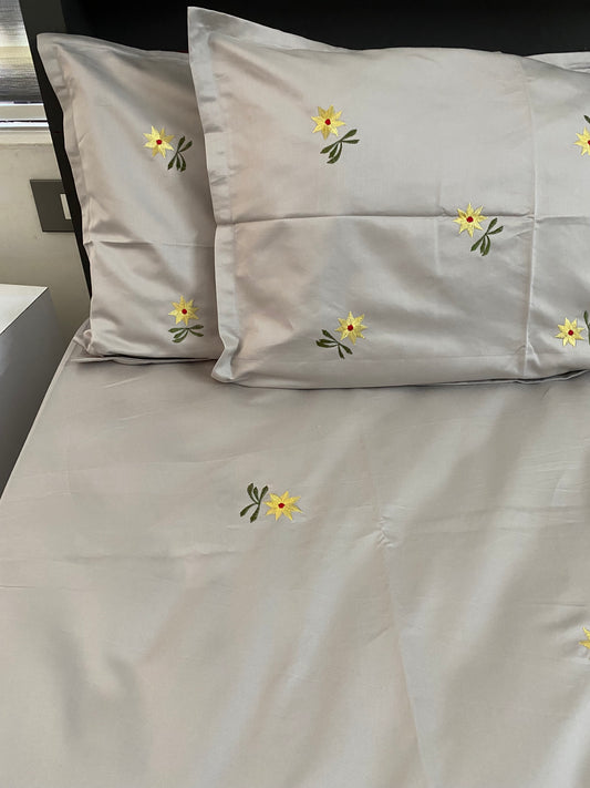 Yellow flower embroidered bedsheet -King