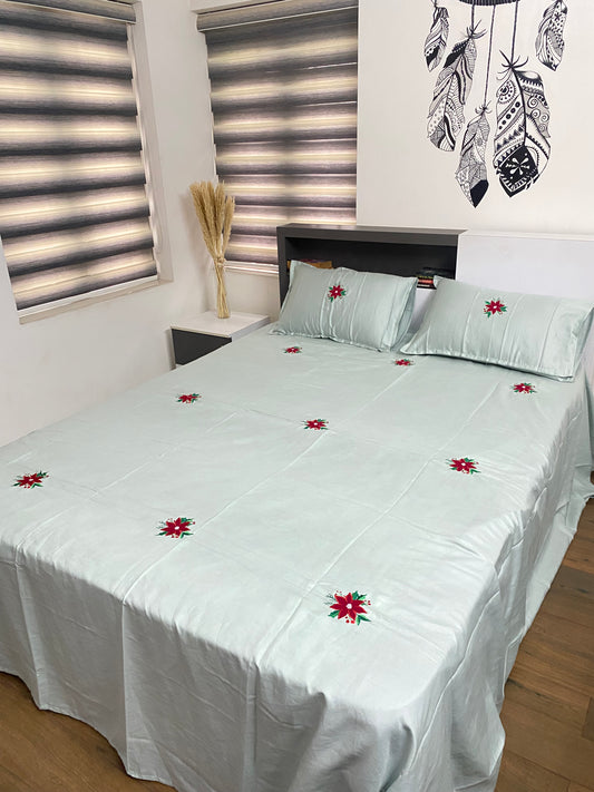 Merry florals- blue- Embroidered bedsheet - king