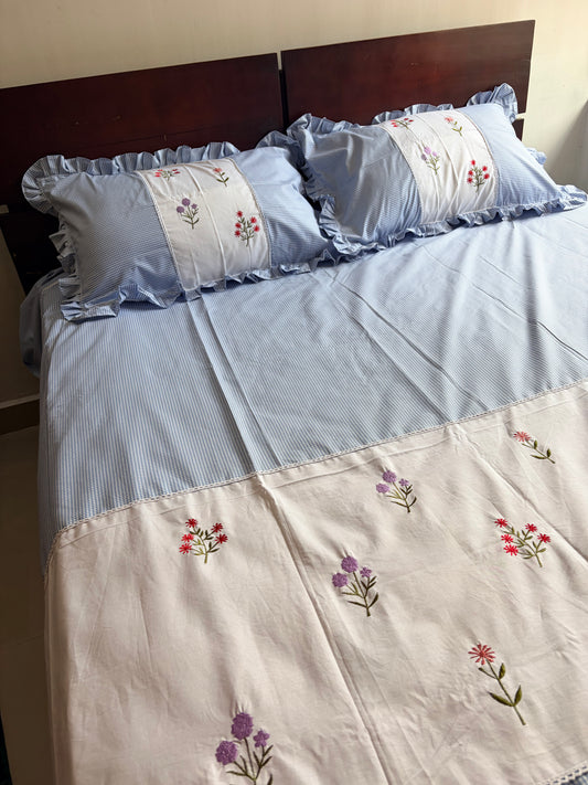 Gingham grace - embroidered bedsheet king