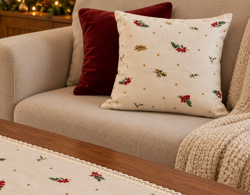 Winter berry - embroidered cushion covers- 16x16 inches