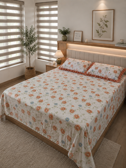 Printed bedsheet with ruffled pillow cover -King
