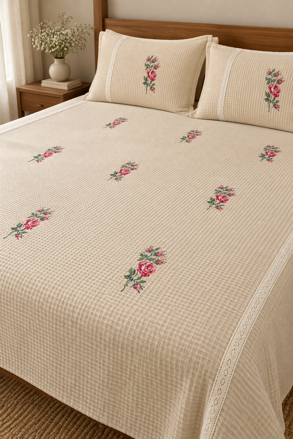 Cross stitch embroidered bedsheet - Queen