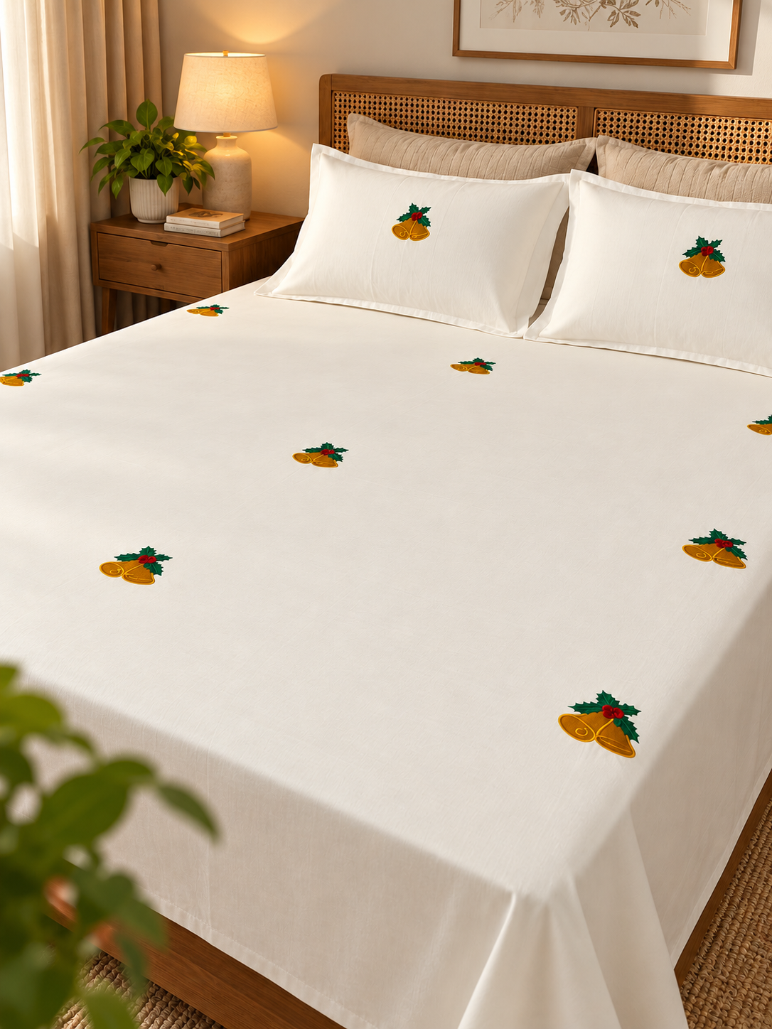Jingle bells - white - embroidered bedsheet - King
