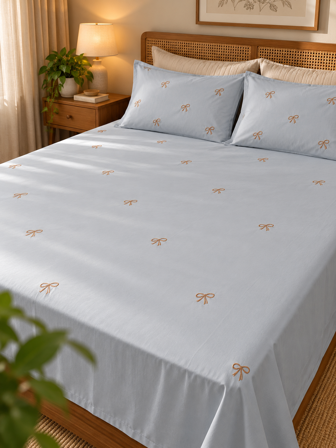 Bow embroidered king size bedsheet