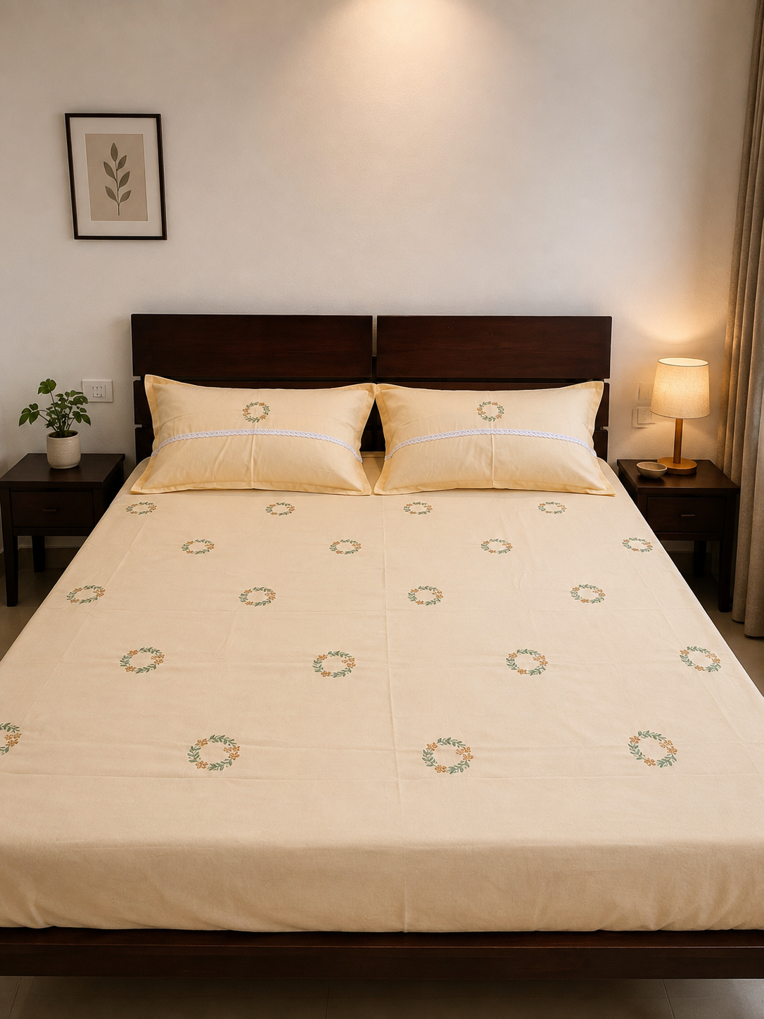 Butter yellow embroidered bedsheet -Queen