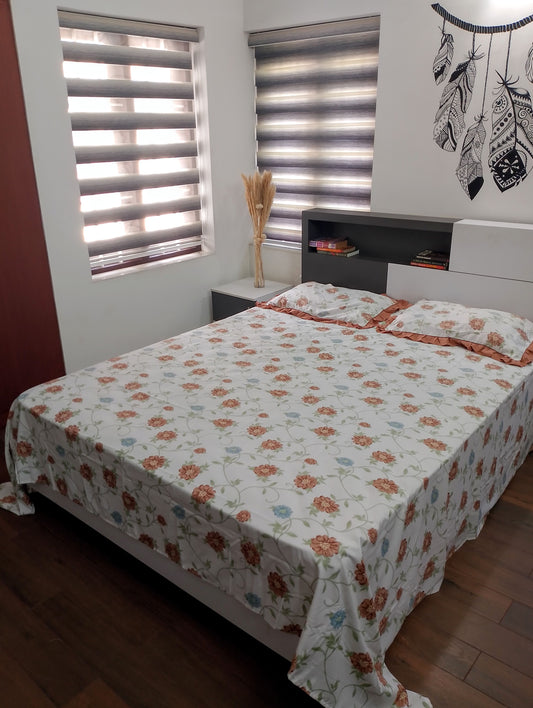 Printed bedsheet with ruffled pillow cover -King