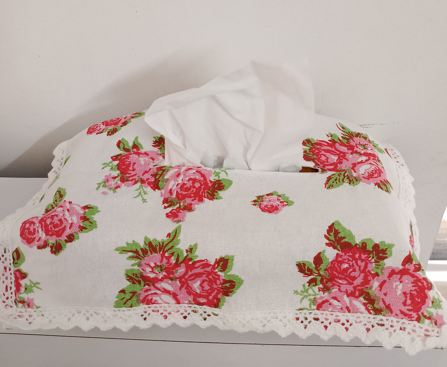 Printed tissue box cover with lace